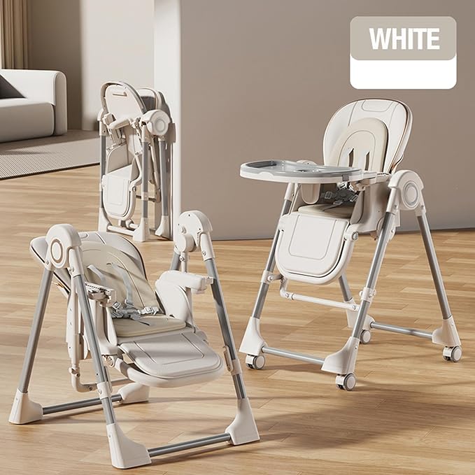 Nine point nine PU Leather High Chair with Swinging Function, Baby High Chair for Babies and Toddlers, Removable Double Tray Baby Seat Feeding Chairs (X8121 White)
