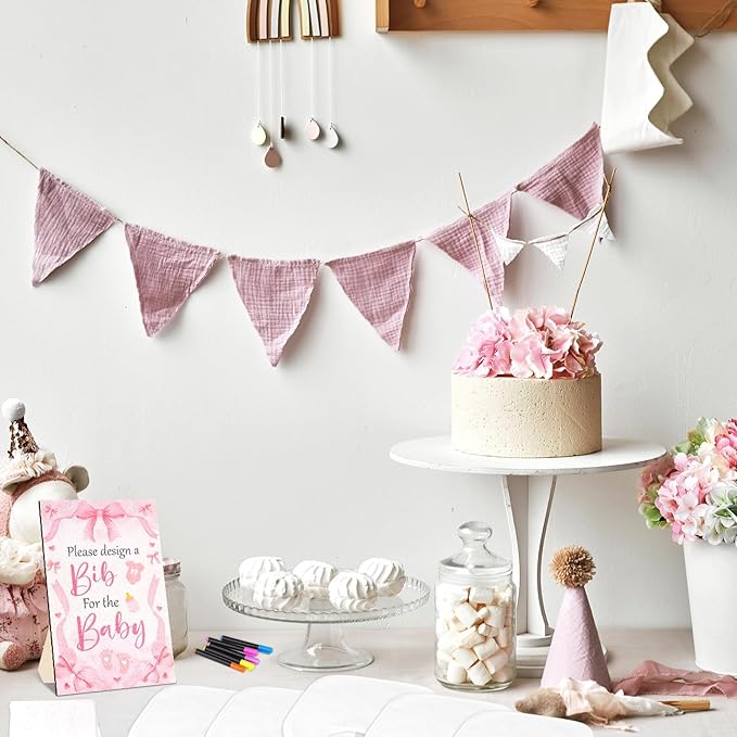 FIONUPI 55 Pcs Baby Bibs Decorating Kit Includes 1 Wooden Pink Bow Baby Shower Game Sign 22 DIY White Bibs 22 Bow Stencils 10 Colorful Markers Supplies for Shower Games