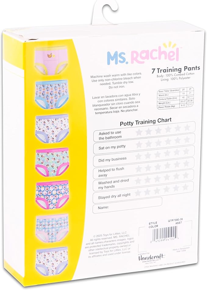 Ms. Rachel Baby Exclusive 7-pack Potty Training Pants With Stickers and Success Tracking Chart 2t-4t