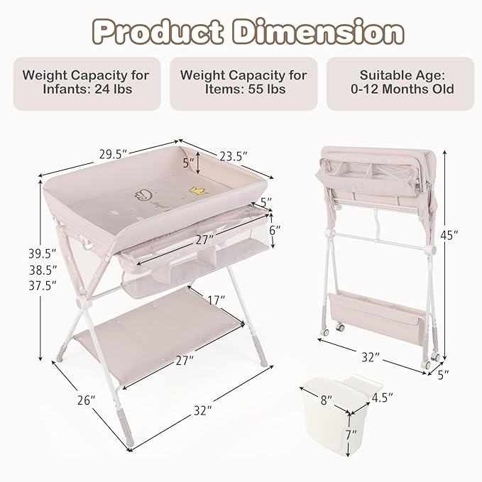 HONEY JOY Changing Table, Folding Mobile Nursery Organizer w/Wheels, Adjustable Height, Storage Bag & Open Shelf, Portable Diaper Changing Station for Newborn Infant (Beige, 32"x26"x39.5")