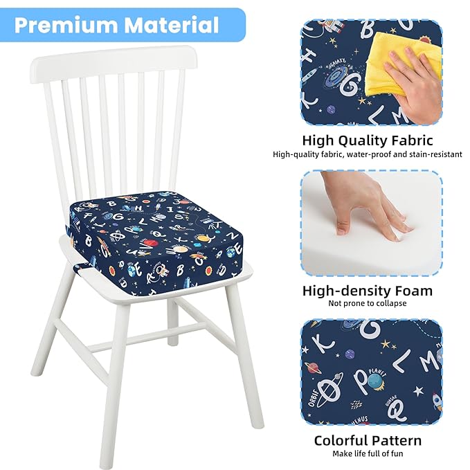 Toddler Booster Seat for Dining Table Kitchen Chair, Kids Booster Seat with Non-Slip Bottom and Adjustable Straps, 4" Detachable Washable Portable Travel Increasing Cushion (Galaxy Alphabet)
