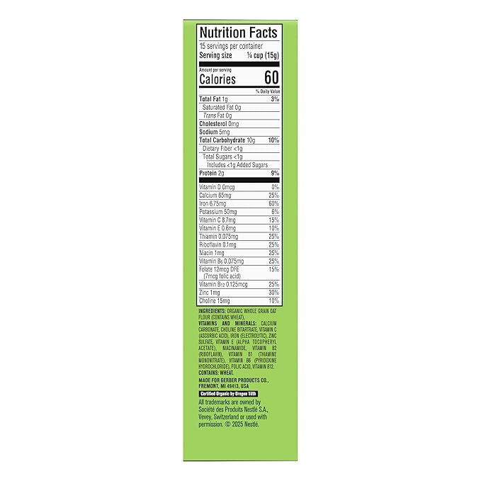 GERBER ORGANIC FOR BABY GRAIN AND GROW 1st Food Oatmeal Cereal 5x8oz