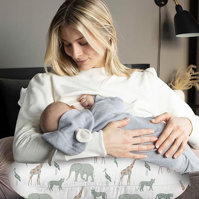 Little Grape Land Muslin Nursing Pillow Covers 2 Pack, 100% Cotton Removable Breastfeeding Pillow Covers, Feeding Pillow Slipcovers for Baby Boys & Girls, (Safari & Green)