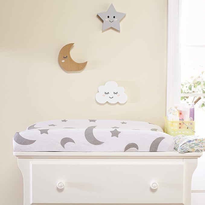 EVERYDAY KIDS 2 Pack Baby Changing Pad Covers for Boys and Girls – Fits Most Changing Table Pads; 100% Cotton Jersey Knit, Breathable, Ultra Soft Changing Table Topper - Gray Moon and Stars + Chevron