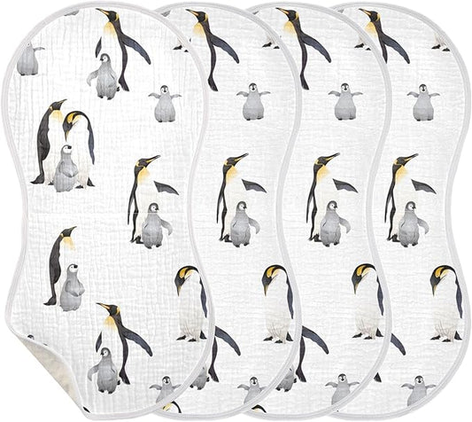 Emperor Penguins Pattern Muslin Burp Cloths for Baby 4 Pack 100% Cotton Baby Washcloths Bibs for Boy Girl