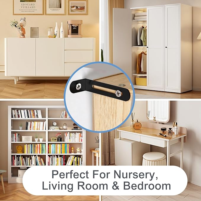 12 Pack Baby Proofing Anti Tip Furniture Anchors Kit - Heavy Duty Steel Wall Anchors for Dresser, Cabinet, Bookcase, Earthquake Safety & Pet Proofing in Nursery, Living Room（Black）
