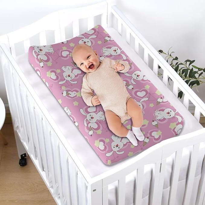 Rabbit Heart Valentine Changing Pad Cover Waterproof Lightweight Nursery Pad Change Cover for Baby Durable Stretchy Diaper Changing Mat Cover
