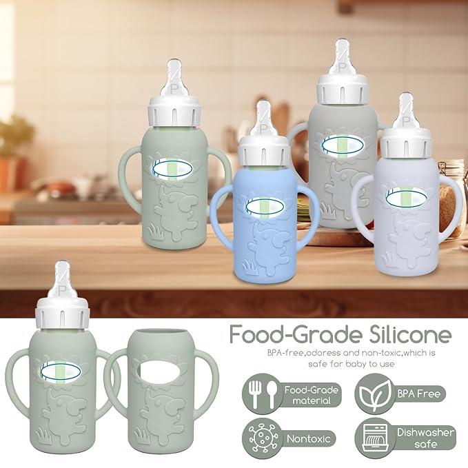 4 Pack Silicone Sleeves for Dr. Brown's Glass Baby Bottles -Drop Protection Easy-Grip Baby Bottle Sleeves Holder with Handles, Compatible with Dr. Brown's Newborn Glass Bottles 4 oz/120 ml