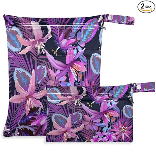 visesunny Tropical Purple Flower Palm 2Pcs Wet Bag with Zippered Pockets Washable Reusable Roomy for Travel,Beach,Pool,Daycare,Stroller,Diapers,Dirty Gym Clothes, Wet Swimsuits, Toiletries