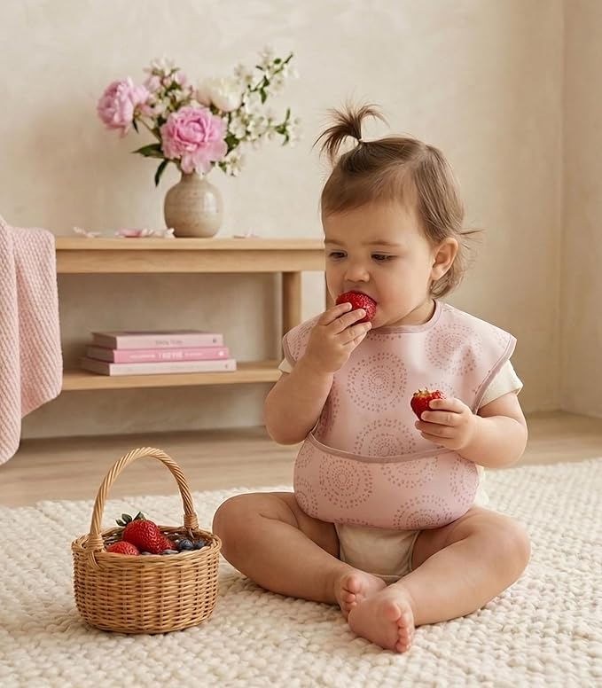 3-Pack Waterproof Baby Bibs for Eating - Mess Proof Lightweight Toddler Feeding Bibs with Large Food Catcher, Food-Grade Baby Eating Essentials, Easy to Put On & Clean(Light Pink Blossom)