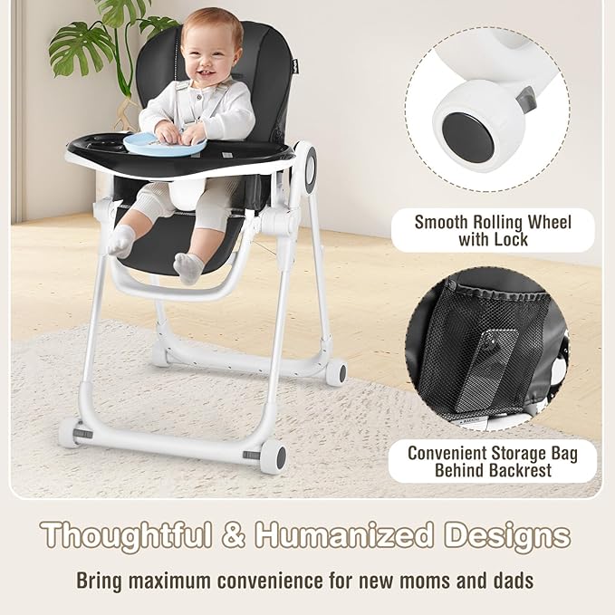 HONEY JOY High Chair with Wheels, Foldable Highchair for Babies & Toddlers, Adjustable Backrest/Footrest/Seat Height, Double Removable Trays, Detachable Seat Cushion for Boys Girls