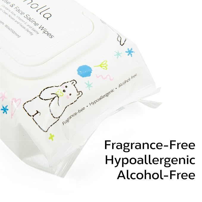 Nolla Nose and Face Wipes for Babies & Kids with Saline, Vitamin E, & Aloe | Unscented | Compostable, 90 Count (3 Packs of 30)