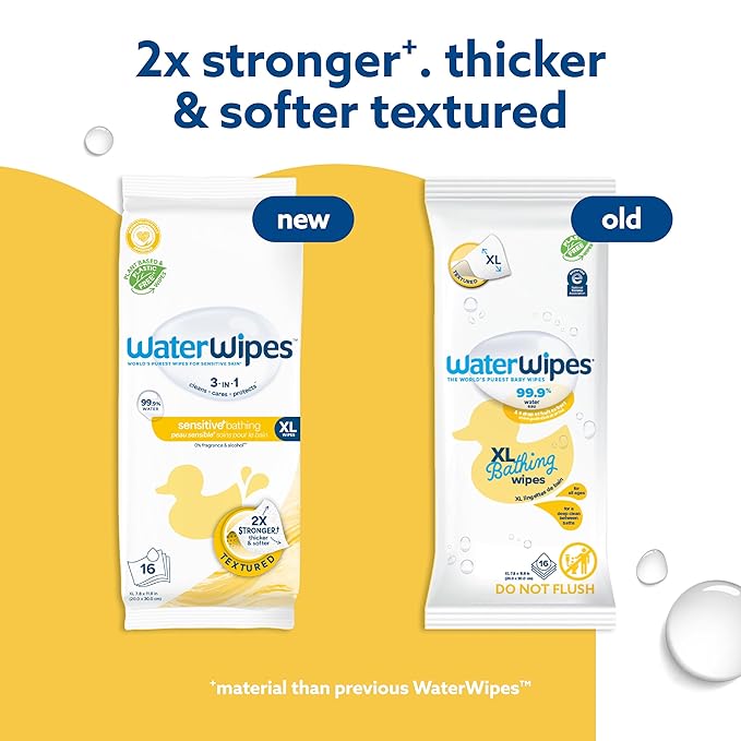 WaterWipes Sensitive+ Bathing Wipes,3-In-1 Cleans,Cares,Protects,99.9% Water,Unscented & Hypoallergenic,16 Count (Pack of 12)