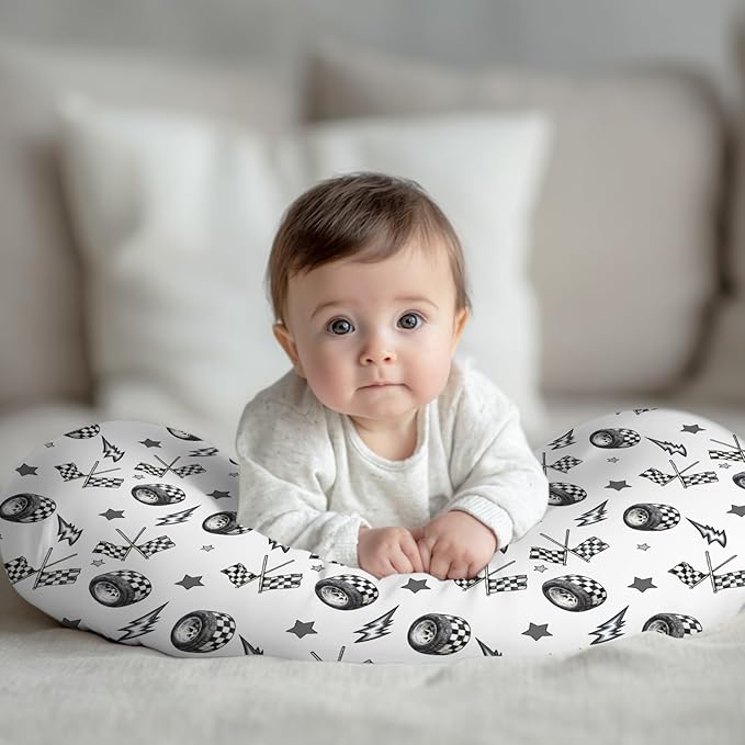 Cute Race Car Flag Black and White Plaid Nursing Pillow Cover Stretchy Removable for Baby Girls Boys Tire Stars Checkered Vehicles Pillow Slipcover for Breastfeeding Moms for Newborn Infant