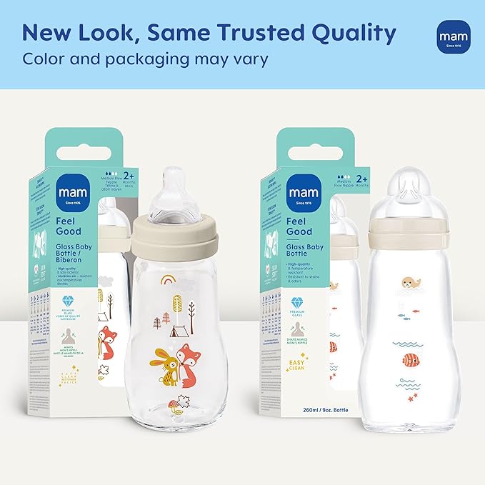 MAM 9oz Premium Glass Baby Bottle for Newborn, Wide Neck Medium Flow Breastfeeding Like Silicone Nipple, Easy Clean, BPA Free, 2+ Months, Easy Switch Between Breast and Bottle, 1 Pack, Unisex