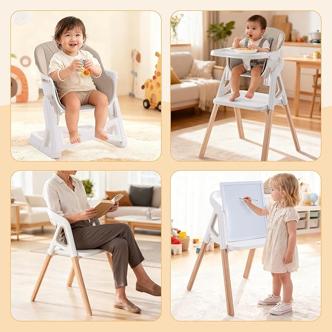 Baby High Chair, 4 in 1 Wooden Convertible High Chair for Babies and Toddlers with Erase Board, Highchair for Baby & Toddler, 5-Point Safety Belt & Waterproof PU Cushion (Beige)