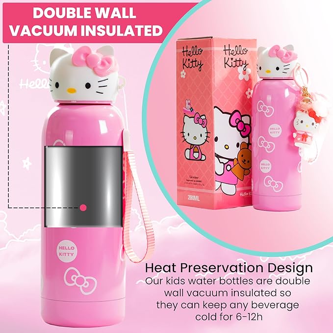 Hello Kitty 400 ml Insulated Water Bottle for Kids – Stainless Steel with 6-12h Heat Preservation with Sanrio Keychain (Pink)