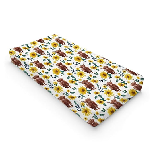 Highland Cows Boho Sunflowers Changing Pad Cover Cute Yak Floral Diaper Changing Table Cover Sheets for Boys Girls Soft Breathable Stretchy Fitted Changing Table Mats 32''x16''