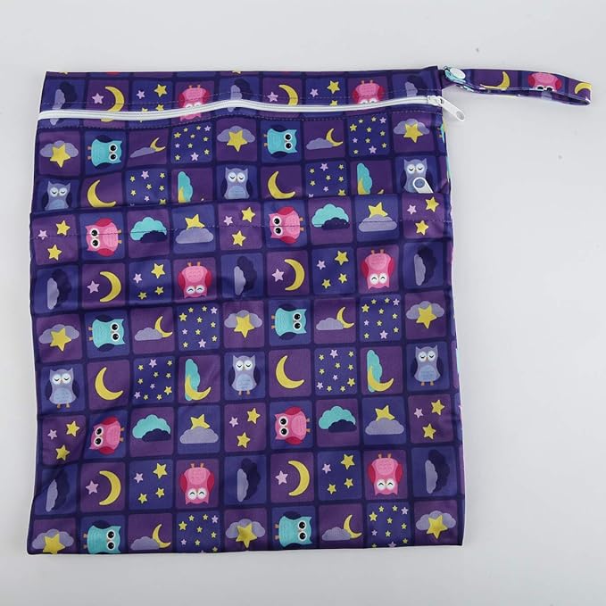 Wet Dry Bag Baby Cloth Diaper Nappy Insert Bag Reusable Washable (Moon Star Owls)