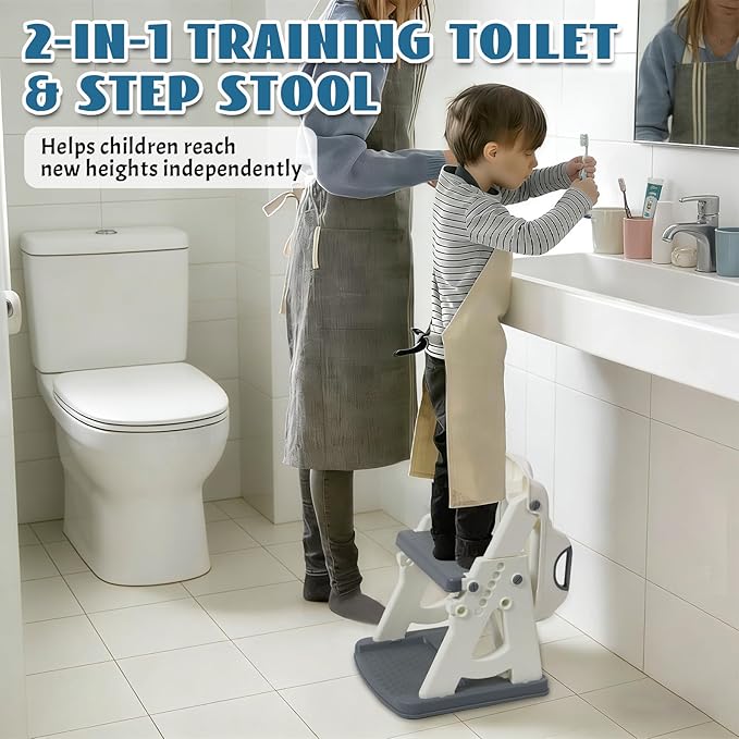 Potty Training Toilet Seat, Stable Potty Training Seat with Step Stool, 2 in 1 Toddler Toilet Seat with Steps for Kids Boys Girls, Toddler Potty Seat with Ladder, Splash Guard, Anti-Slip Pads (Gray)