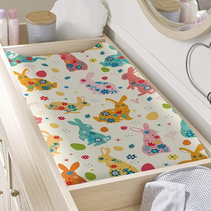 Colorful Rabbit Changing Pad Cover for Baby Girls Boy Yellow Diaper Change Table Covers Soft Stretchy Changing Mat Sheets Cover Cute Gifts for Baby