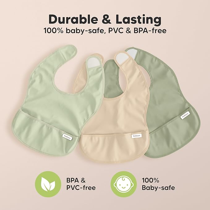 KeaBabies 3-Pack Waterproof Baby Bibs for Eating - Lightweight Toddler Feeding Bibs with Large Food Catcher, Mess Proof, Food-Grade Baby Eating Essentials, Easy to Put On & Clean (Jade)