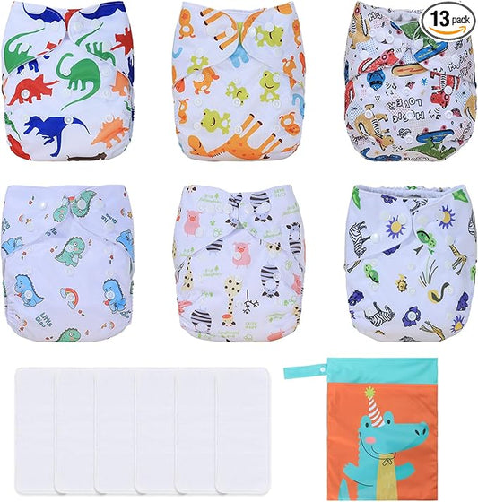TDIAPERS Cloth Diapers Reusable Washable Pocket Diapers Cover One Size Adjustable for Baby Snaps Cloth Diapers Nappy 6 Pack with 6 Pcs Microfiber Inserts,1 Wet Bag