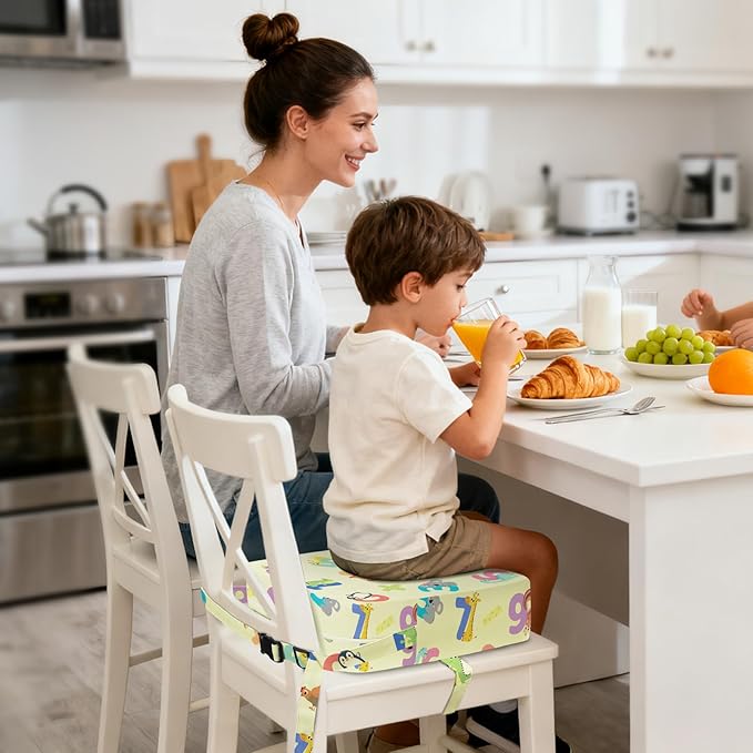 Toddler Booster Seat for Dining Table Kitchen Chair, Kids Booster Seat with Non-Slip Bottom and Adjustable Straps, 4" Detachable Washable Portable Travel Increasing Cushion (Animal Alphabet)