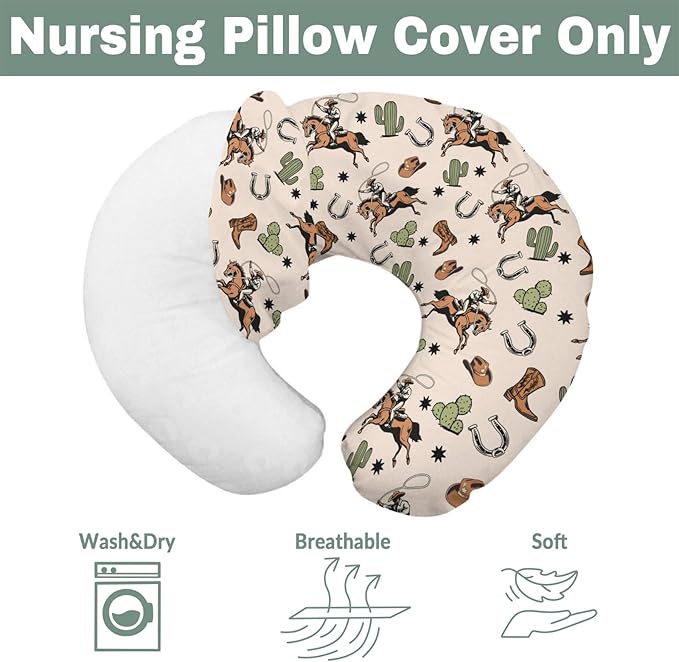 Country Western Nursing Pillow Covers for Boy Girl Cowboy Hat Boots Horse Cactus Nursing Pillow Slipcovers for Breastfeeding Pillows Wild West Desert Soft Stretchy Removable Covers for Newborn Infant