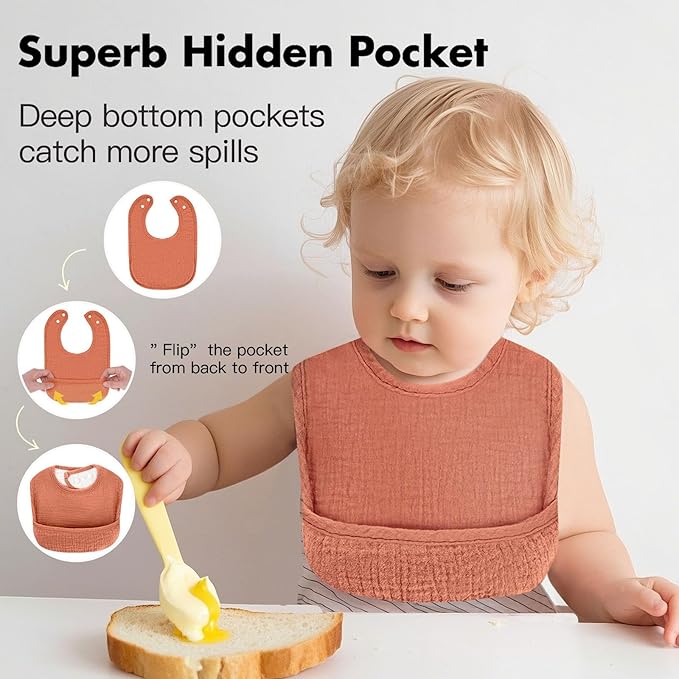 Drool Bibs for Baby Boys & Girls, 8 Pack Muslin Baby Bibs for Drooling and Teething with Hidden Pocket, Soft Cotton, Extra Absorbent, Mess-proof, for Toddler, Newborn, Infant