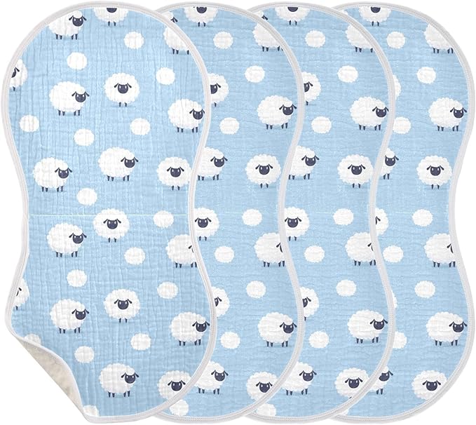 Muslin Burp Cloths for Baby Boys and Girls - 4-Pack Ultra Absorbent Sheep Muslin Washcloths, Newborn Towel, Milk Spit Up Rags, Burp Cloth Bib for Unisex, 22 x 11 Inch