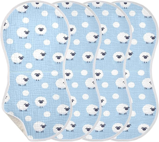 Muslin Burp Cloths for Baby Boys and Girls - 4-Pack Ultra Absorbent Sheep Muslin Washcloths, Newborn Towel, Milk Spit Up Rags, Burp Cloth Bib for Unisex, 22 x 11 Inch