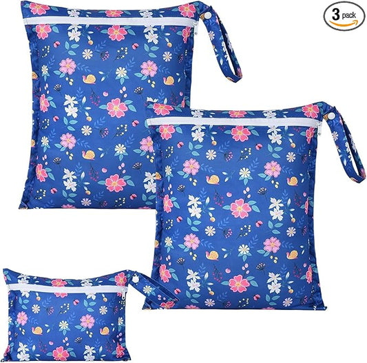 OTraki 3 Pack Waterproof Wet Dry Bag with Zippered & Handle Reusable Wet Clothes Bag Baby Cloth Diaper Wet Bags for Swimming Travel Beach Pool Gym,Drying Do Not Exceed 176℉ (Flower Pattern)