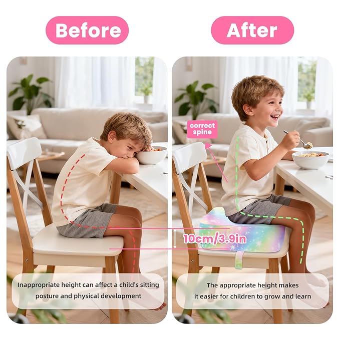 Toddler Booster Seat for Dining Table Kitchen Chair, Kids Booster Seat with Non-Slip Bottom and Adjustable Straps, 4" Detachable Washable Portable Travel Increasing Cushion (Rainbow)