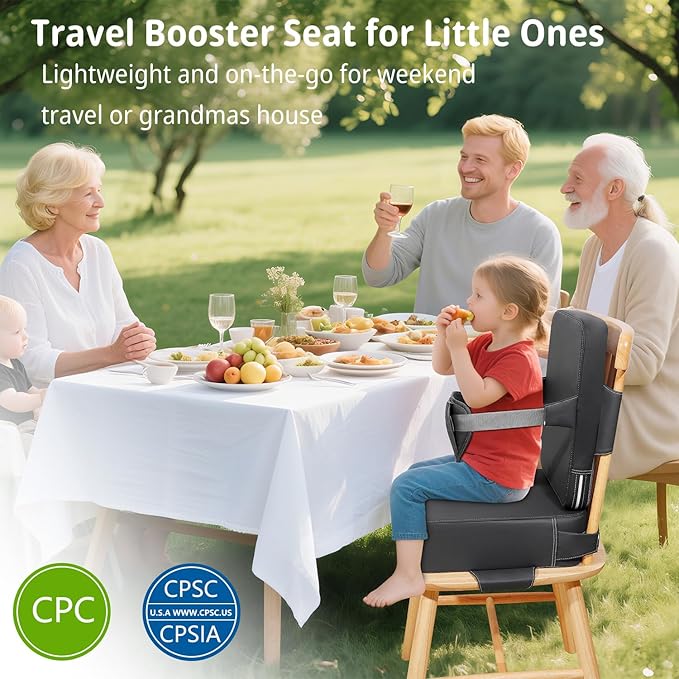 Toddler Booster Seat for Kitchen Chair with Removable Backrest & Adjustable Straps, PU Portable Waterproof & Non-Slip Booster Seat for Dining Table, Travel Child Eating Cushion - Dark Grey