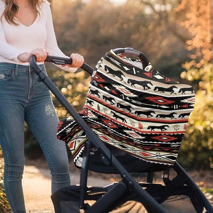Coldinair Tribal Horse Aztec Baby Car Seat Cover,Soft Breathable Nursing Cover,Multi-use Baby Stroller and Carseat Cover,Breastfeeding Covers
