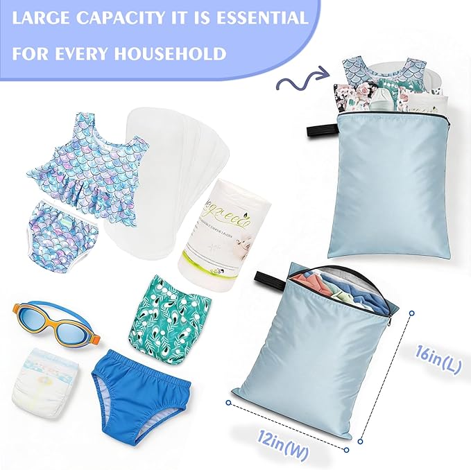 Wet Dry Bags 3 Pack,12x16 Inch Waterproof Reusable Wet Bag For Baby Diapers Swimsuit Wet Clothes Travel Beach Pool Gym,Durable Polyester Fabric,Waterproof Seal Strip Inside,Handle and Zipper,Blue