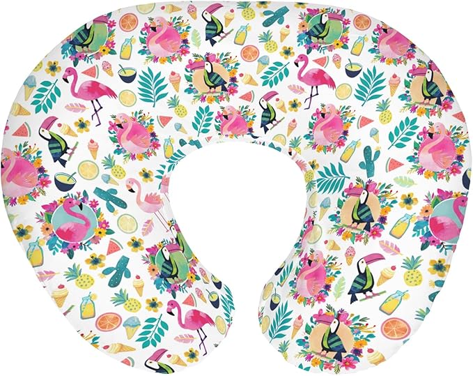 Pink Flamingo Toucan Tropical Fruits Baby Nursing Pillow Covers for Boy Girl Colorful Summer Birds Leaves Nursing Slipcovers for Breastfeeding Pillows Hawaiian Soft Stretchy Cover for Newborn Infant