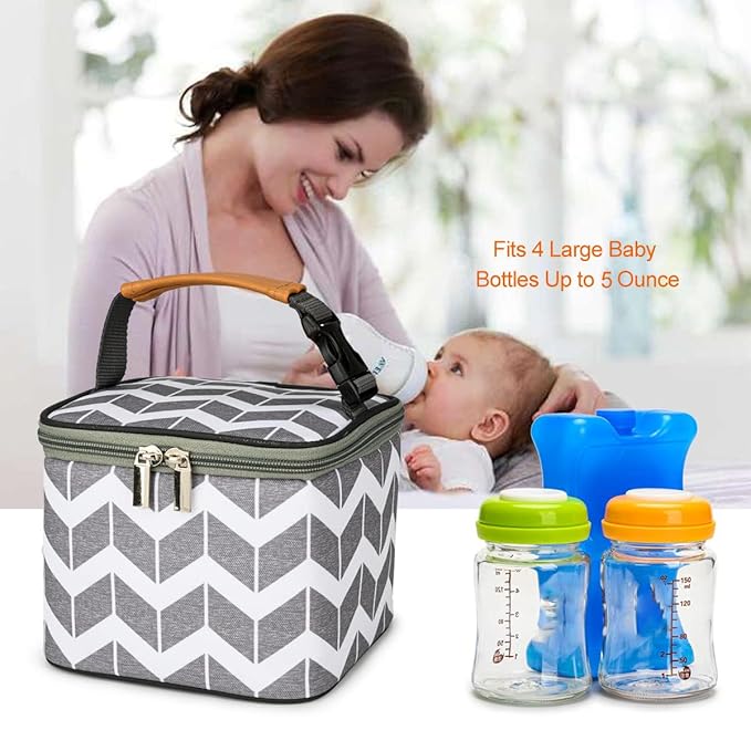 BreastMilk Cooler Bag with Ice Pack Fits 4 Large Baby Bottles Up to 5 Ounce, Baby Bottle Cooler Bag Great for Nursing Mom Daycare