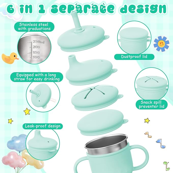 8 oz 3 in 1 Silicone Baby Sippy Cups & Snack Cups with Lid Straw for Toddlers 1-3 Spill Proof Stainless Steel Snack Containers Food Catcher for Baby Toddler Drinking Training(Light Green)