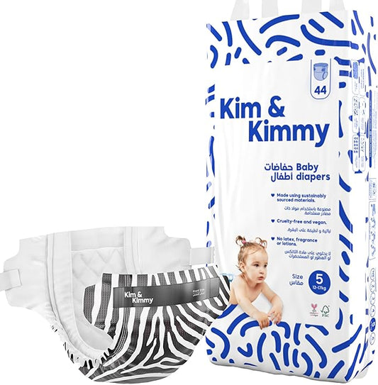 Kim & Kimmy Eco Diapers, Size 5, 26-38 lbs, 44 Diapers - 12 Hour Leak Protection, No Rashes, Hypoallergenic, Ultra-Soft & Highly Absorbent - Cruelty Free & Vegan - Zebra
