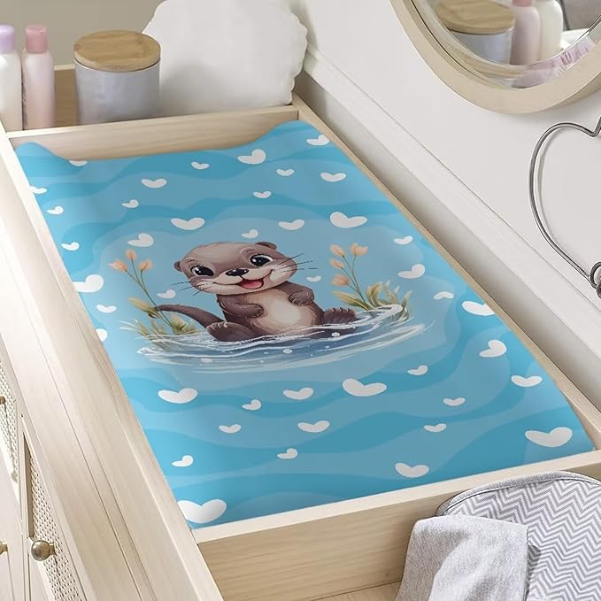 Otter Print Girl Baby Changing Pad Cover Sheet Infant Newborn Diaper Table Change Mat Cover Farmhouse Watercolor Flower Diaper Pad Covers for Changing Table 16x32 Inch