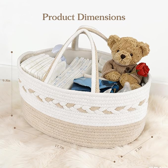 Diaper caddy Organizer, Cotton Rope Gift Basket with Removable Divider, Nursery Storage Organizer for Baby Essentials, Changing Table Diaper Storage Caddy (Brown)