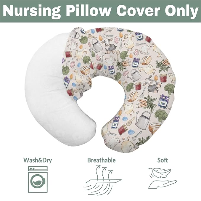 Homesteading Farm Nursing Pillow Covers for Boy Girl Lamb Duck Chick Eggs Bread Vegetable Nursing Pillow Slipcovers for Breastfeeding Pillows Retro Farm Life Soft Stretchy Cover for Newborn Infant