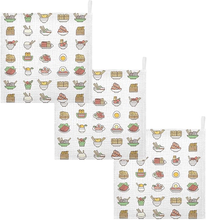 vvfelixl Baby Muslin Washcloths Asian Food Icons Baby Burp Cloths Cotton Babys Face Towel for Infants Soft 11.8 X 11.8 in, 3 Pack