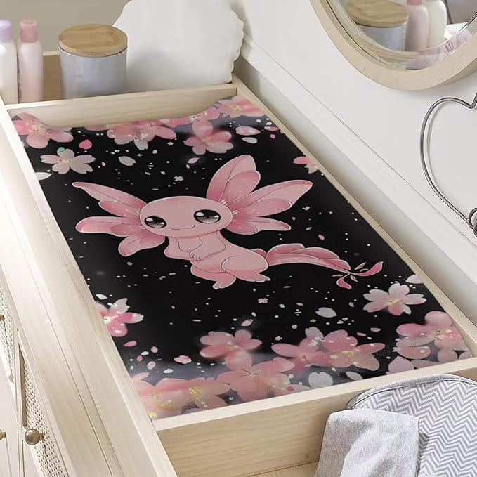 Changing Pad Covers for Boys Girls, Pink Floral Axolotl Diaper Changing Table Pad Cover Soft Breathable Changing Mat Cover for 32''x16" Cute Birthday Gifts for Baby