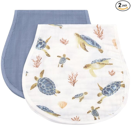 LifeTree Muslin Baby Burp Cloths - 2 Pack 70% Viscose from Bamboo and 30% Cotton Large 22'' by 10'' Absorbent Milk Spit Up Rags - Burping Cloths for Newborn, Girls Boys, Sea Turtle & Solid Blue
