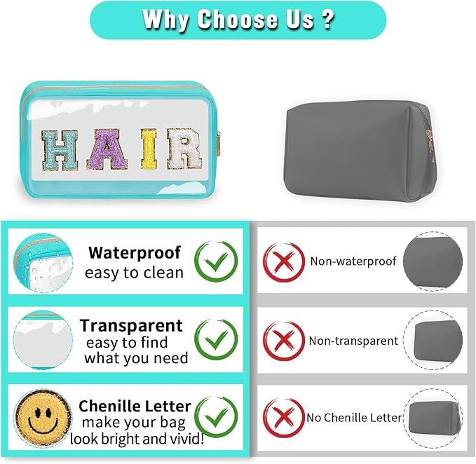 Chenille Letter Clear Makeup Bags Hair Pouch, Preppy Patch Makeup Bag with Zipper, Transparent PVC & Nylon Waterproof Portable Glitter Cosmetic Bag Travel Toiletry Storage for Women Girl(HAIR-Green)