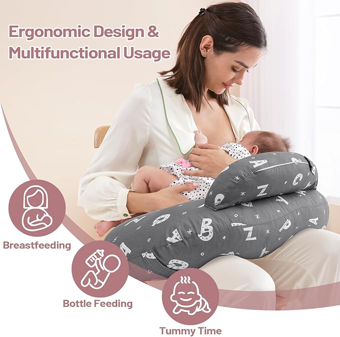 AMASKY Plus Size Breastfeeding Pillow for Ergonomic Comfort & Support, Easier Nursing, Fit, Removable Cover, Machine Washable, Letter Pattern(Grey), Pallet of Product