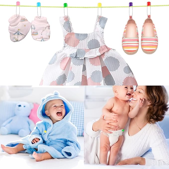 Joyberg 100 Pcs Diaper Pins, Baby Safety Pins, Diaper Pins for Cloth Diapers, Heavy Duty, Stainless Steel, ABS Plastic, Colorful (Red, Yellow, Pink, Blue, Green, Purple), 2.2in, Safe Locking Closures